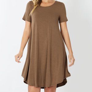 Zenana Small Round Hem O'Neck Pockets Mocha Swing Trapeze T-Shirt Dress